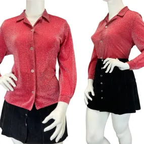 VINTAGE 60s 70s BRIGHT RED SILVER DISCO PARTY LUREX BLOUSE SHIRT 16 18