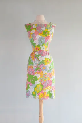 1960's Springtime Sequined Floral Print Cocktail Dress From I Magnin / Small