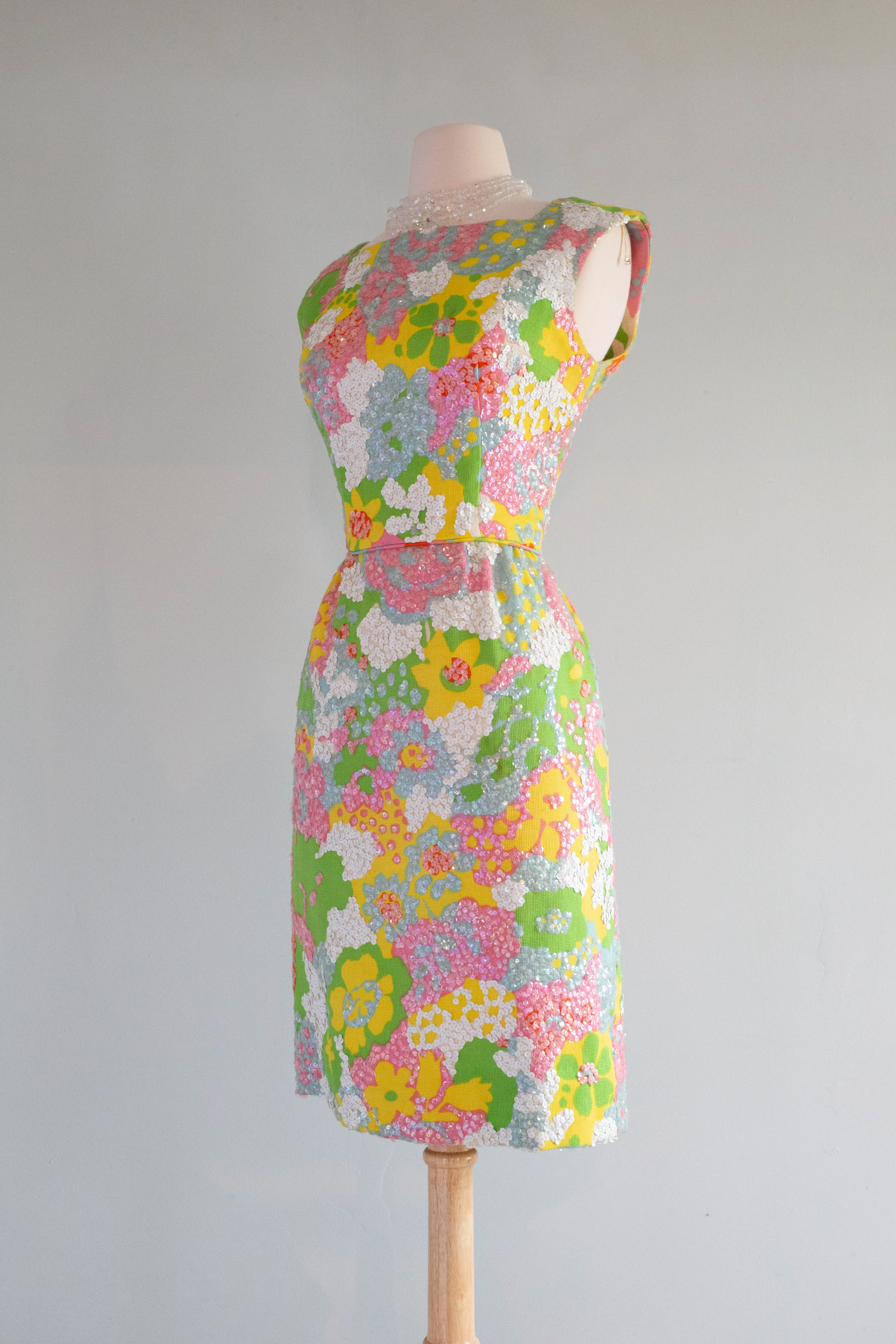 1960's Springtime Sequined Floral Print Cocktail Dress From I Magnin / Small