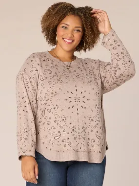 Drop Shoulder Sleeve Scoop Neck Printed Hi-Low Hem Plus Size Knit Top