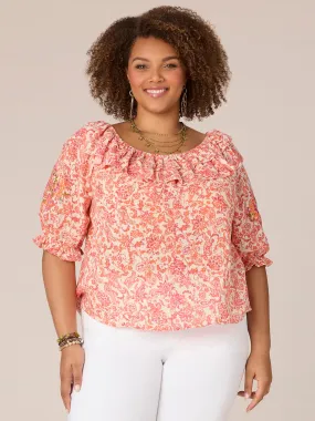 Elbow Blouson Sleeve Round Ruffle Neck Printed Plus Size Woven Top