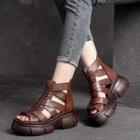 Genuine Leather Women Casual Shoes EM716 Retro Wedges Handmade Weave Sandals