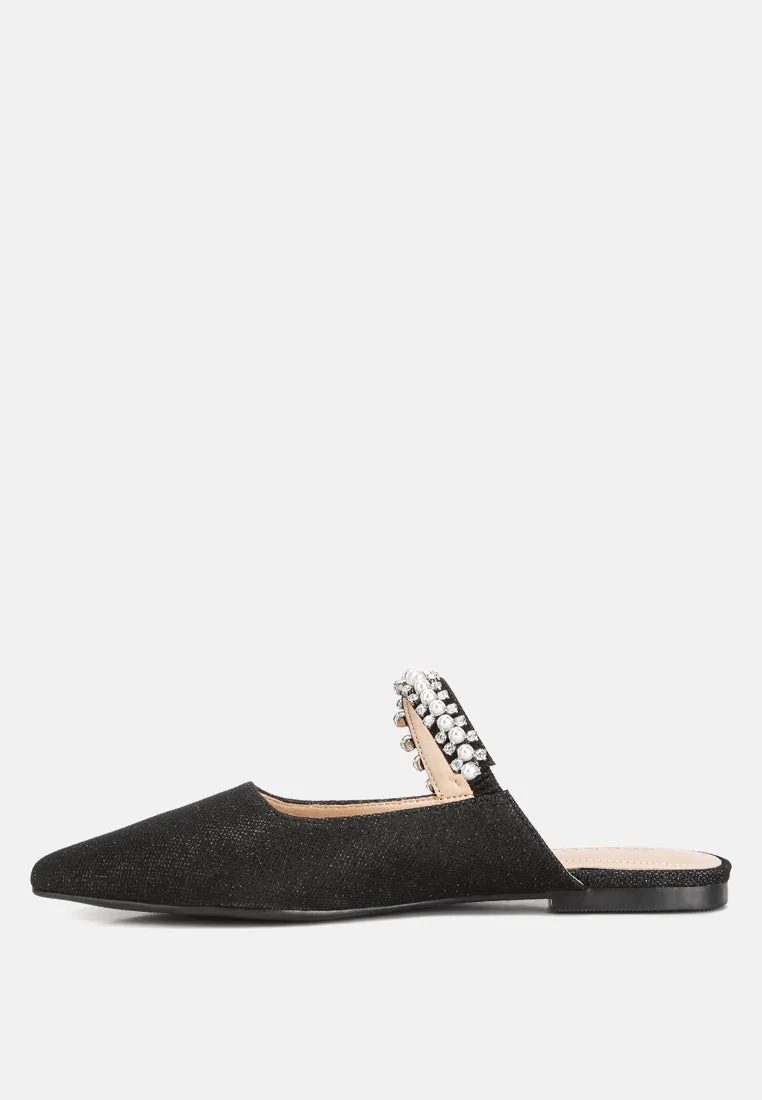 GEODE Pearl Embellished Slip On Mules in Black