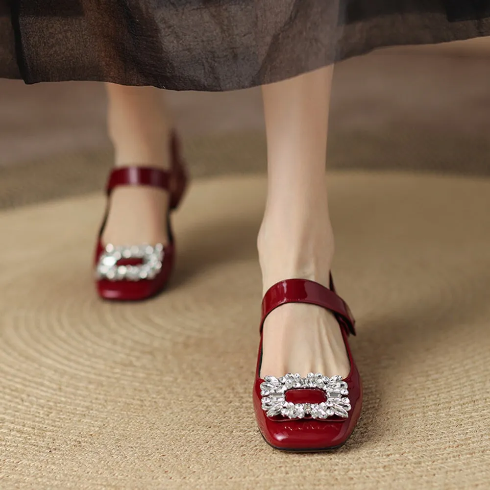 Handmade Patent Leather Mary Jane Pumps Block Heel Office Shoes in Red/Black