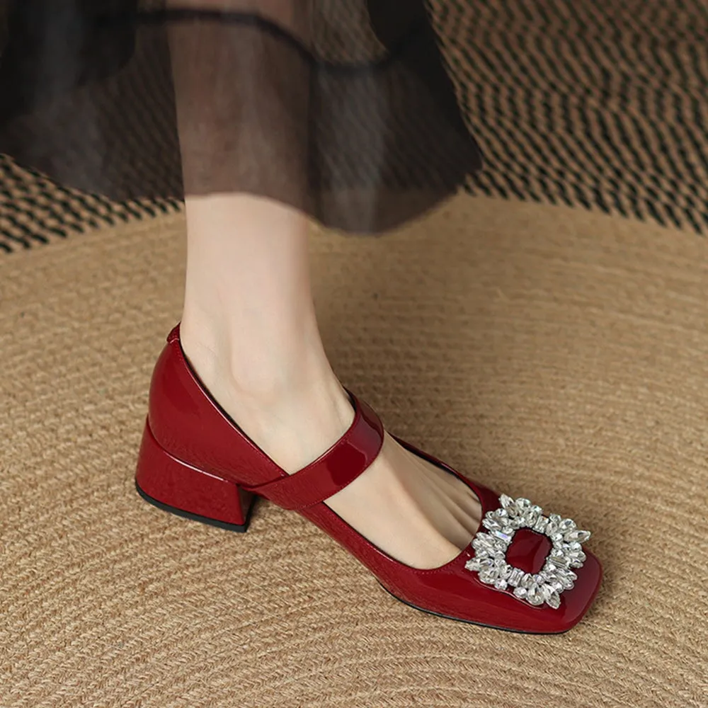 Handmade Patent Leather Mary Jane Pumps Block Heel Office Shoes in Red/Black