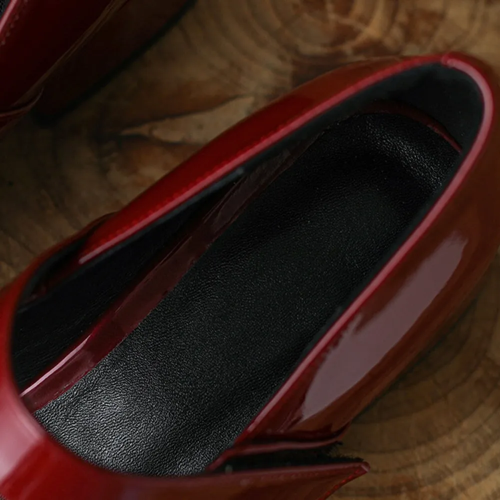 Handmade Patent Leather Mary Jane Pumps Block Heel Office Shoes in Red/Black