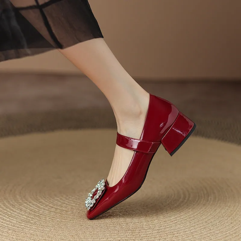 Handmade Patent Leather Mary Jane Pumps Block Heel Office Shoes in Red/Black