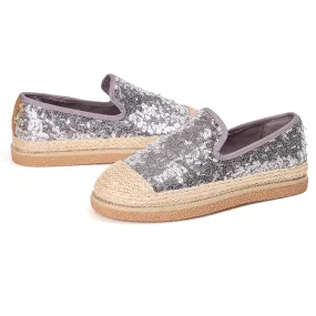 JOY&MARIO Handmade Women’s Slip-On Espadrille Sequins Mesh Loafers in Grey-69280W