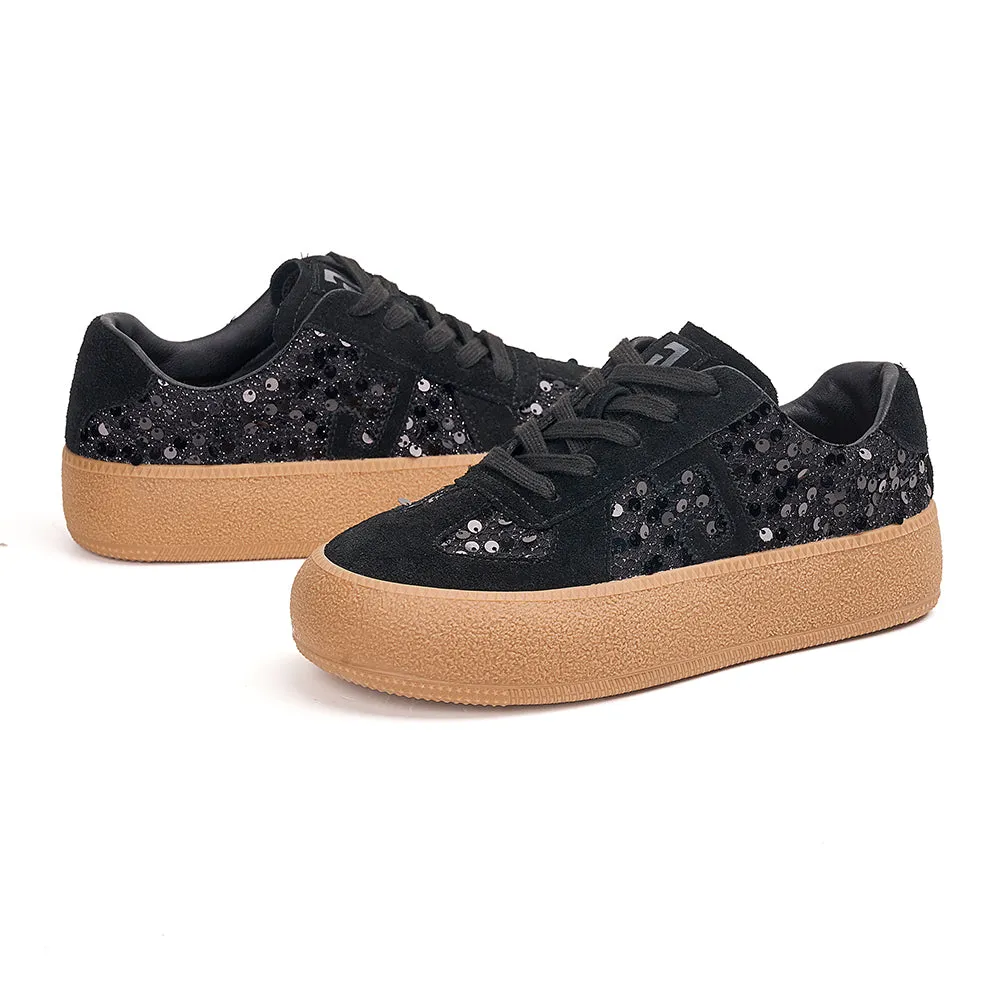 JOY&MARIO Women’s Lace-up Cow Suede and Sequins Desun Shoes in Black-83571W