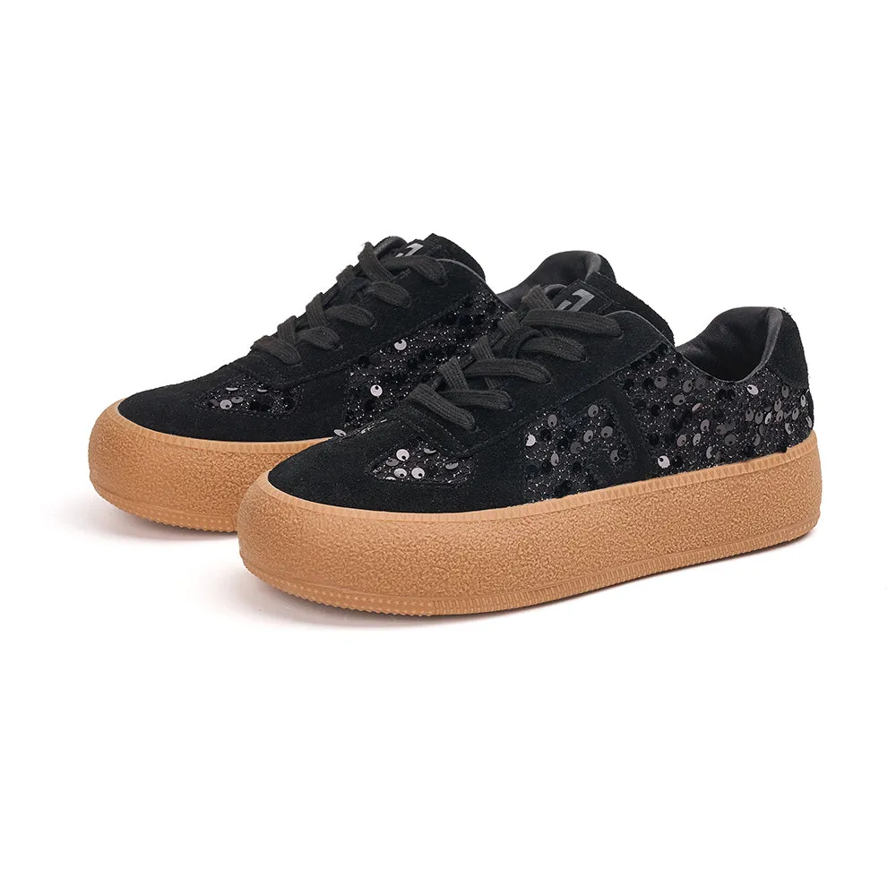 JOY&MARIO Women’s Lace-up Cow Suede and Sequins Desun Shoes in Black-83571W