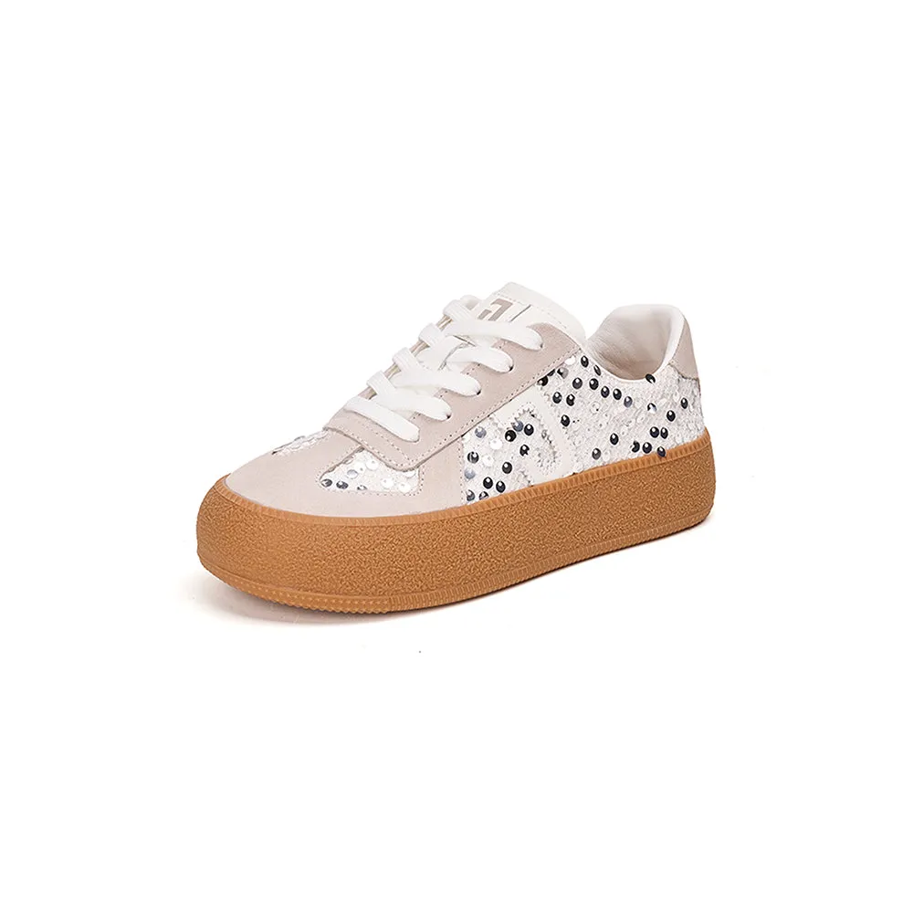 JOY&MARIO Women’s Lace-up Cow Suede and Sequins Desun Shoes in White-83571W