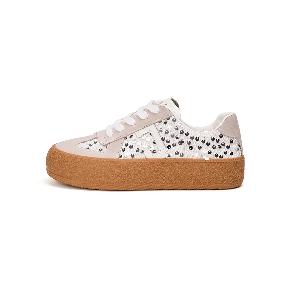 JOY&MARIO Women’s Lace-up Cow Suede and Sequins Desun Shoes in White-83571W