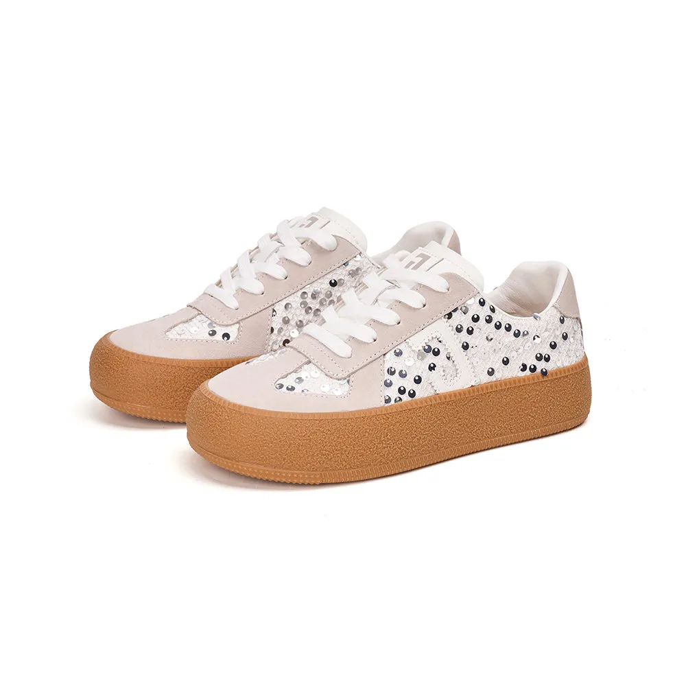 JOY&MARIO Women’s Lace-up Cow Suede and Sequins Desun Shoes in White-83571W