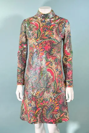 Leo Narducci Vintage 60s Paisley Print Sparkle Dress, Mod Sequin Party Dress XS/S