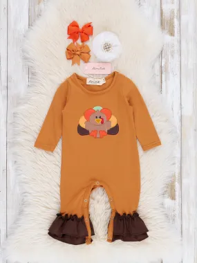 Orange & Brown Embroidered Turkey Ruffle Romper