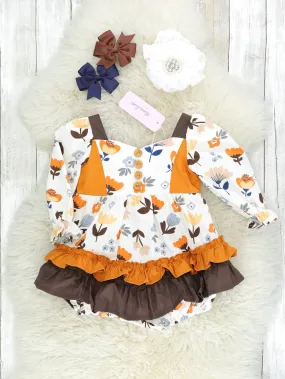 Orange & Brown Fall Floral Ruffle Romper