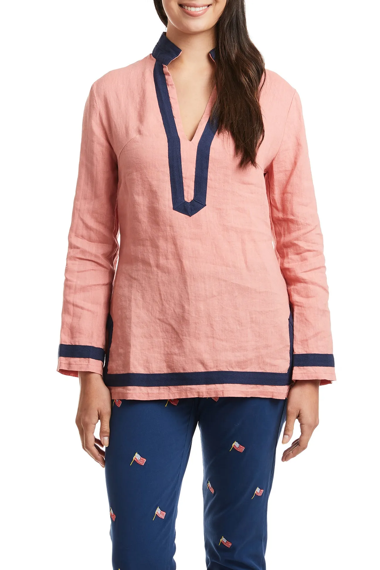 Tunic Top Nantucket Red Linen with Navy Trim