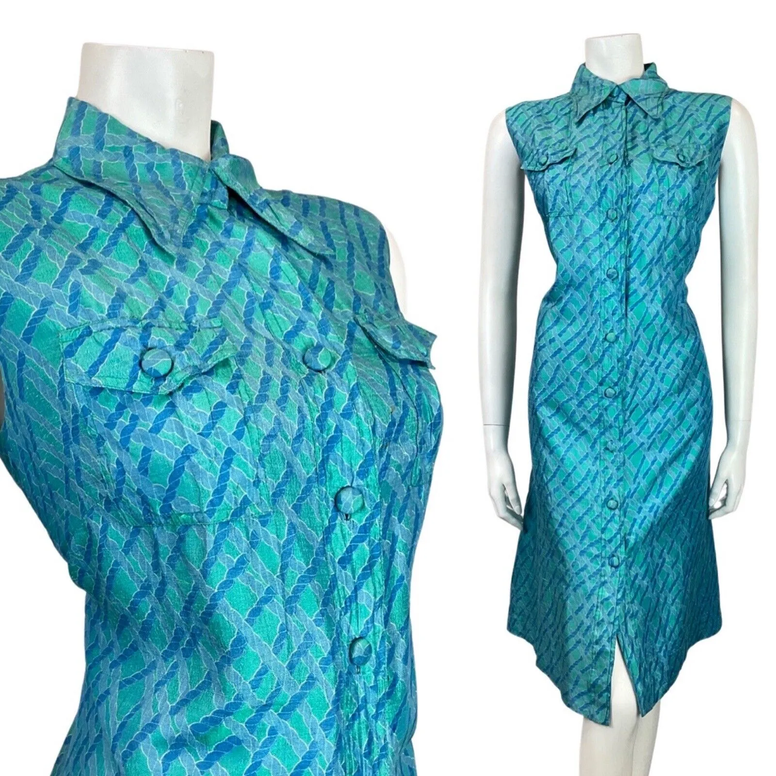 VINTAGE 60s 70s BLUE GREEN ROPE BRAIDED MOD SILK DAGGER SHIRT DRESS 12 14